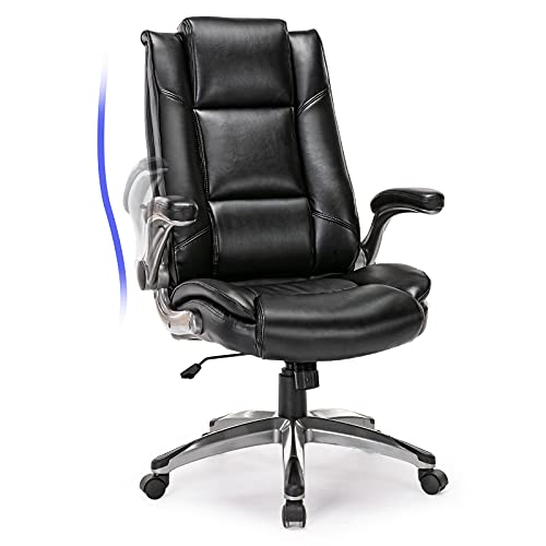COLAMY Leather Executive Office Chair - High Back Home Computer Desk Chair with Padded Flip-up Arms, Adjustable Tilt Lock, Swivel Rolling Ergonomic Chair for Adult Working Study, Black