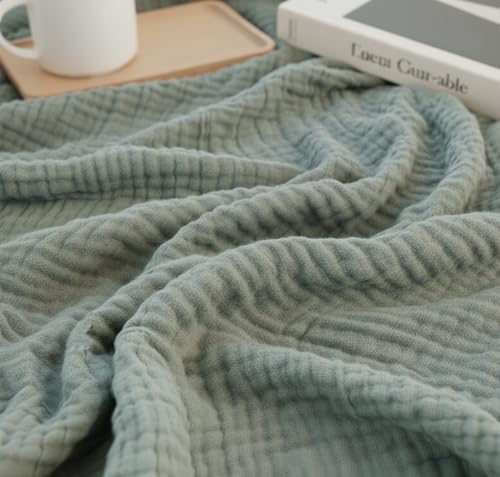 "KyraHome 100% Organic Cotton 60""x80"" Muslin Gauze Throw Blanket for Couch, Adults, Travel, 4-Layer Pre-Washed Plant-Hand Dyed, Breathable Soft, Cozy, Home Decor, All Season (Sage Green)"