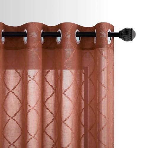 KOUFALL Rust Red Curtains for Dining Room Grommet Diamond Design Patterned Semi Sheer Light Fitering Privacy Curtains for Living Room Bedroom 95 Inches Long, 52x95