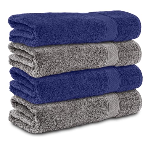 Komfortec Set of 4 Bath Towels 70 x 140 cm – 100% Cotton – Soft and Highly Absorbent – Large Size – Charcoal/Navy Blue