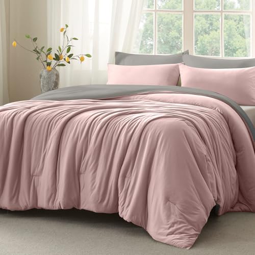 Voguease Queen Comforter Set, Comforters Queen Size Luxury Ultra-Soft Jersey Knit Bedding Sets, Grey/Rose Lightweight Down Alternative Bed Comforte Queen for All Season, 3 Piece Bedding Setrey