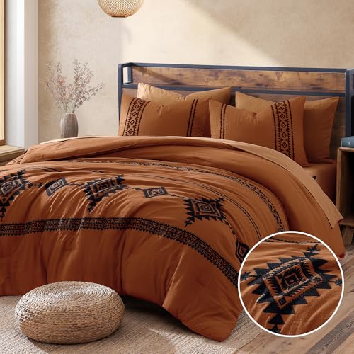 MaiR??ve Embroidery Super King Comforter Set 7 Pieces Western Bed in a Bag - Burnt Orange Farmhouse Boho Bedding Sets with Comforter, Sheets, Pillowcases & Shams