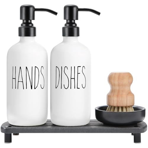 MOMEEMO White Soap Dispenser Set Comes with Stainless Pumps, White & Black - Instant Dry Tray and Dish Scrub Brush, Suitable for Kitchen Decor and Accessories