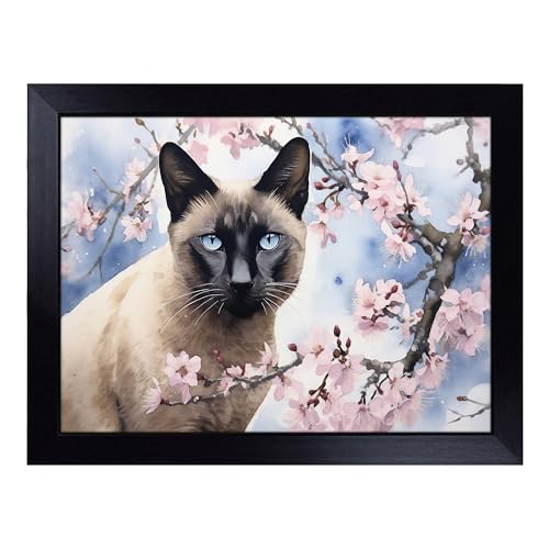 Lap Tray with Bean Bag Cushion, Siamese Cat Watercolour - Handmade in the UK, Raised Wooden Edge, Padded Cushion, Heat-Resistant Wipe-Clean Surface, for Meals, Laptops and Crafts