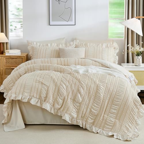 "WONGS BEDDING Beige Comforter Set King,7 Pieces Ruffle Comforter Set with Sheets,Textured Bed in a Bag for King Bed 104""??90"""