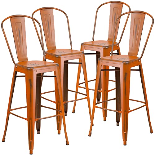 "Flash Furniture Blake Commercial Grade 4 Pack 30"" High Distressed Orange Metal Indoor-Outdoor Barstool with Back"