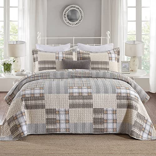 DUOHONG Quilts King Size - King Quilt Bedspread Sets, 100% Cotton Patchwork Quilt Bedding Set for King Bed, 3 Pieces Plaid Farmhouse Reversible Rustic Lightweight Quilted Quilt Bed Spread