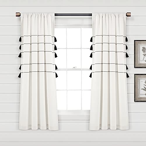 "Lush Decor Farmhouse Boho Stripe Woven Tassel Yarn Dyed Cotton Window Curtain Panel Pair, 63"" L x 42"" W, Ivory & Black"