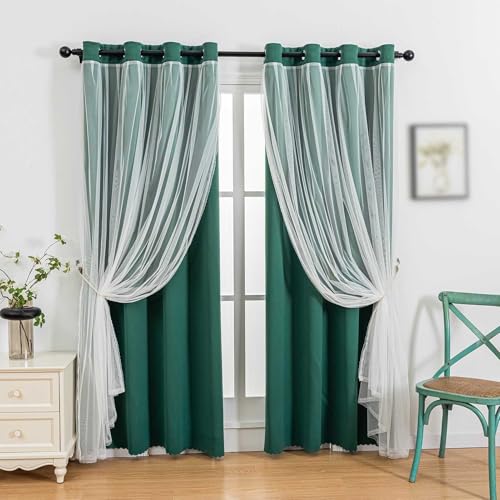 indistar Home Blackout Curtains Double Layer Solid Sheer Grommet Top Window Curtain Panel Pair, 52Wx84L,Dark Green