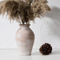 LUKA Ceramic Rustic Farmhouse Vase, 9.2 inch Whitewashed Terracotta Vase, Pottery Decorative Flower Vase,Clay Decorative Vases for Home Decor, Table, Living Room, Shelf, Mantel Decoration