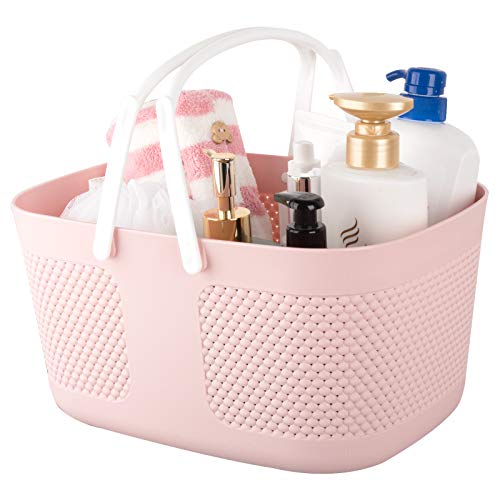 Plastic Basket with Handles, Storage Bin Organization Containers for Bathroom, Kitchen, Dorm Room, Pantry, Closet, Office, Kid Play Area - Pink
