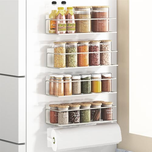 Roysili Magnetic Spice Rack Organizer For Refrigerator Fridge - Space Saving White 2 Pack With Paper Towel Holder