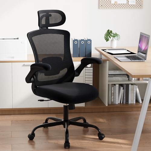 COLAMY Ergonomic Office Chair with Lumbar Support, Mesh Desk Chair with Adjustable Headrest, Computer Chair with Flip-up Armrest, Adjustable Seat Height and Tilt Function for Home Office Study, Black
