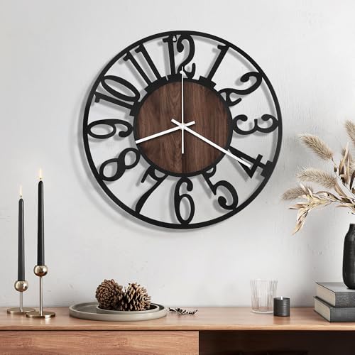 Maxstar Wall Clock Battery Operated,Silent Non-ticking Modern Rustic Metal Round Clocks Small for Living Room/Bedroom/Office/Kitchen/Farmhouse Home Decor-14 Inch(Brown-Wood)