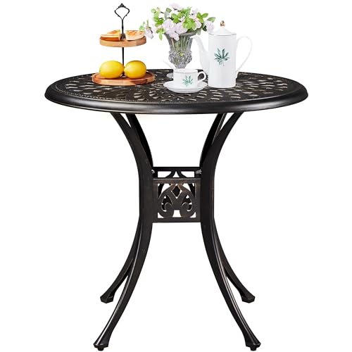 Yaheetech 78 cm Round Garden Dining Table, Cast Aluminum Outdoor Patio Bistro Table with Umbrella Hole, All-Weather Outdoor Conversation Side Table for Balcony, Garden, Patio, Porch, Bronze