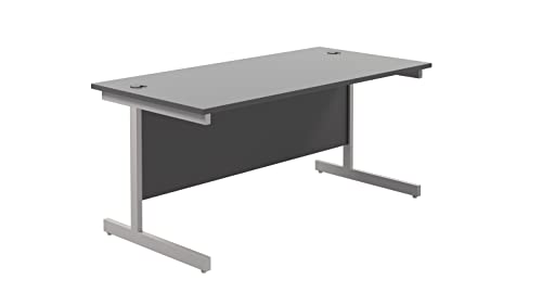 Office Hippo Heavy Duty Rectangular Cantilever Desk, Home Office Table With Integrated Cable Ports, PC Desk for Home or Work, 5 Yr Warranty - Silver Frame/Black Top, 160cm x 80cm