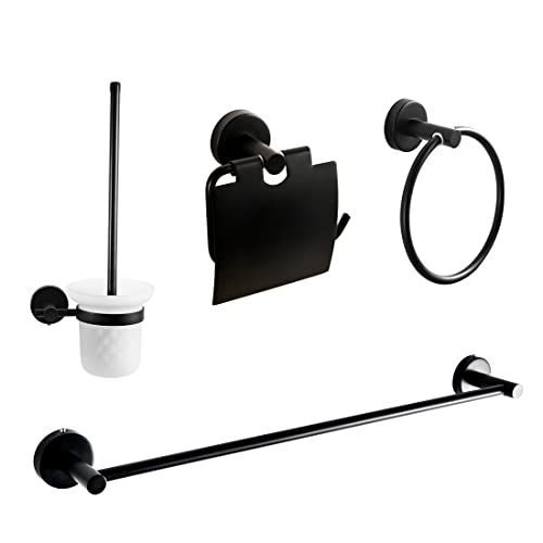 EMKE Towel Holders Bathroom Set - 4 PCS Stainless Steel Bathroom Towel Rails Set, 60CM Bath Towel Rack + 1 Toilet Paper Holder + 1 Paper Towel Ring + 1 Toilet Brush, Black