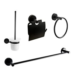 EMKE Towel Holders Bathroom Set - 4 PCS Stainless Steel Bathroom Towel Rails Set, 60CM Bath Towel Rack + 1 Toilet Paper Holder + 1 Paper Towel Ring + 1 Toilet Brush, Black