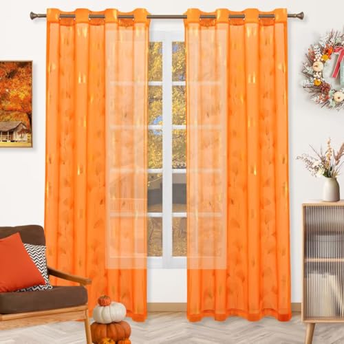 youleyar Gold Foil Print Voile Sheer Curtains, Leaves Grommet Top Window Drapes 108 Inches Long, Luxury Metallic Bronzing Treatment Panels for Home Window Decoration, 2 Panels(Orange,52W x 108L)