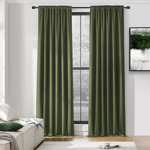DONREN Blackout Curtains Drapes, Opaque Curtain for Villa Bedroom, 108 inches, dark green, thermal insulated window panels for terrace, 52 inches wide x 108 inches long, olive green, 2 pieces