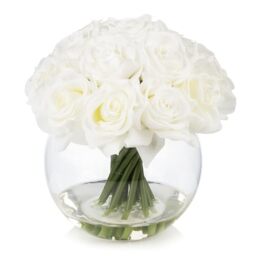 ENOVA FLORAL 16 Heads Silk Rose Artificial Flowers in Vase,Faux Rose Flowers Arrangement in Round Bowl Vase with Faux Water for Table Decor Centerpieces (White)
