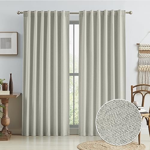 96 Inch Linen Textured Curtains 2 Panels Set, Greyish Beige Blackout Curtains for Dining Living Room, Back Tab Loop Pleated Track Bedroom Curtains, Farmhouse Boho Drapes, W50 x L96, Warm Gray