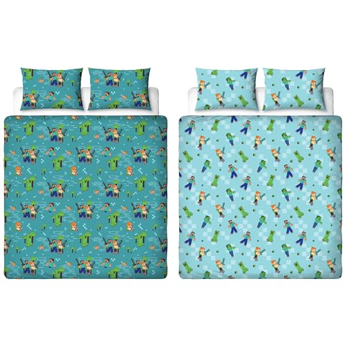 Minecraft Officially Licensed Movie Double Duvet Cover Set - Reversible Level Up Duvet Cover Set 2 Sided Includes Matching Pillowcases - Double Set