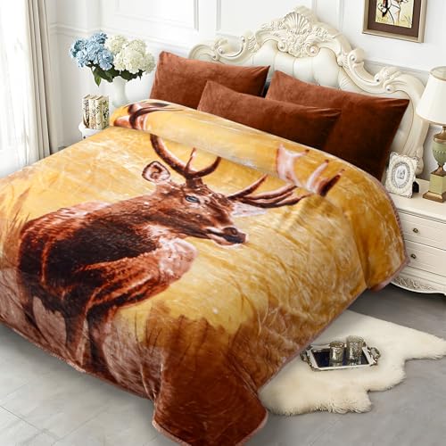 JYK Deer Print Blanket - Queen Size, 75'' x 87'', Thick and Warm for Winter, Soft Fuzzy Plush Microfiber Blanket - Deer/Elephant