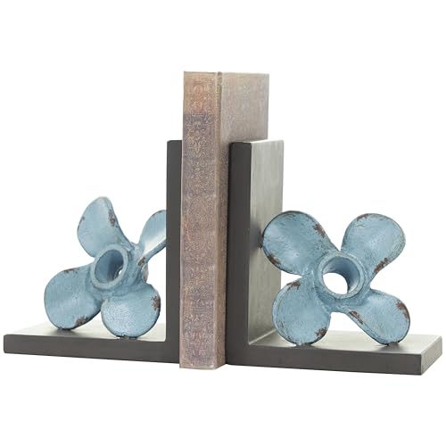 "Deco 79 Metal Boat Decorative Bookends Distressed Propeller Non Skid Bookends with Brown L-Shaped Stands, Set of 2 Office Bookends6 W, 7"" H, Teal"