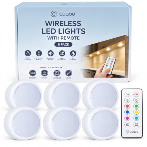 CUQOO Under Cabinet Kitchen Lights -6 Pack Colour Changing Stick-On Lights - BATTERY-POWERED CABINET LIGHTING: wireless ?? wardrobe ?? bedroom ?? touch sensor ?? remote ?? 4 brightness ?? auto timer