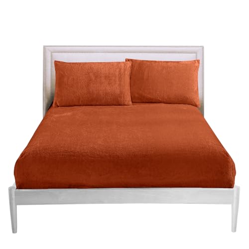 GC GAVENO CAVAILIA Double Fitted Sheet - Soft Fluffy Warm Fleece Bed Sheet with Elastic Corners (137x193cm), 25cm Deep Fitted Sheet for Double Bed - Easy Care Bedding Double Bottom Sheet,Burnt Orange