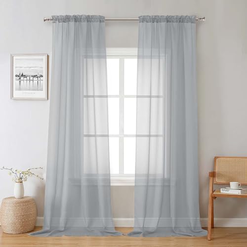 "Lecloud Light Grey Sheer Curtains 96 Inches Long 2 Panels, Light Filtering Voile Airy Curtains, Elegant Transparent Solid Window Treatments with Rod Pocket for Living Room Bedroom, Each 42"" W x 96"" L"