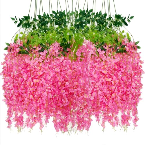 WONICE Artificial Wisteria Hanging Flowers-Fake Wisteria Flower Garland Silk Vines Rattan Decor for Home Wedding Arch Wall Garden Greenery Bedroom Outdoor Office Party Decoration(36, Dark Pink)