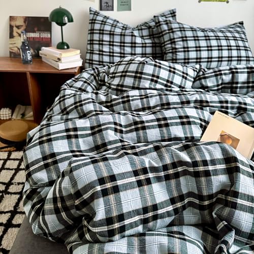 MKXI King Buffalo Plaid Duvet Cover - Washed Cotton Farmhouse Bedding Set, Lightweight Breathable Reversible Comforter Cover, Gray Black Yellow Checkered