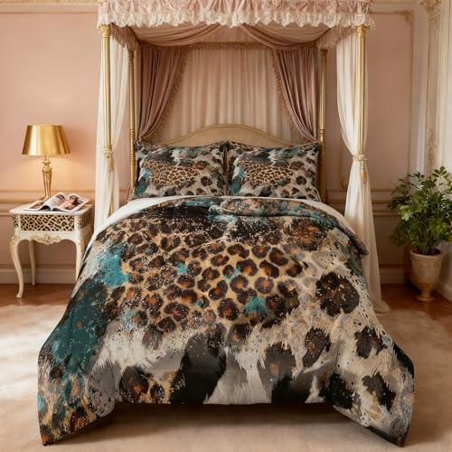 Leopard Print Kids Comforter Set Queen Size,Boys Girls Adults Bedroom Decor,Black White Cow Fur Texture Down Comforter,Abstract Animals Skin Bedding Set,Rustic Farmhouse Duvet Insert,2 Pillowcases