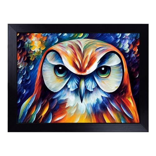 Lap Tray with Bean Bag Cushion, Owl Painting Abstract - Handmade in the UK, Raised Wooden Edge, Padded Cushion, Heat-Resistant Wipe-Clean Surface, for Meals, Laptops and Crafts