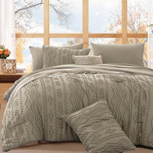 Queen Size Comforter Set- 7 Pieces Tufted Bed in a Bag Queen Bedding Sets - All Season Shabby Chic Boho Bedding with Comforter, Sheets, Pillowcases & Shams, Khaki