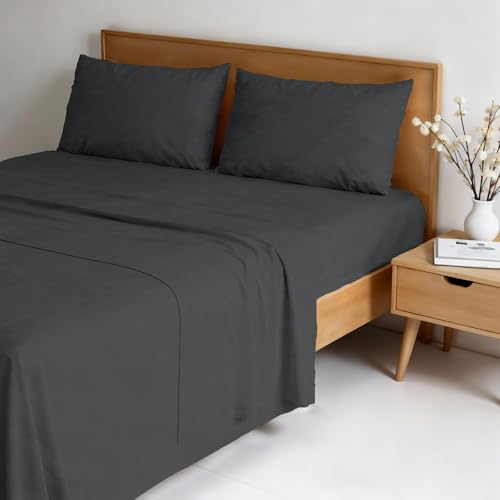 Water Washed Double Bed Bedding Set, 4-Piece Set: Fitted Sheet 170 x 200 cm, Flat Sheet 240 x 270 cm, 2 Pillowcases - Dark Grey