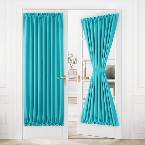 DWCN French Door Curtains ??? Rod Pocket Thermal Blackout Curtain for Doors with Glass Window, Kitchen and Patio Doors for Privacy, 54 X 80 Inches Long, 1 Curtain Panel with Tieback, Turquoise