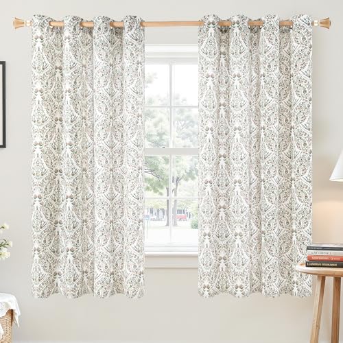 BGment Brown Boho Curtains for Bedroom - Linen Leaf Paisley Pattern Light Filtering Window Grommet Semi Sheer Drapes for Farmhouse, 2 Panels, 52 x 63 Inch