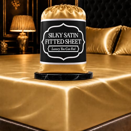 DECOLURE Satin Fitted Sheet Full Size (1 PC) ??? Luxuriously Smooth & Softer Than Silk Bed Sheets w/ 15 Inch Deep Pocket Hypoallergenic Wrinkle Free, Secure Snug Fit, Elastic Corner Straps (Gold)