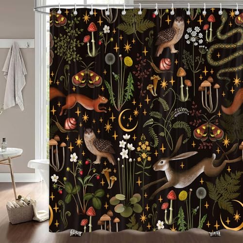 Fairy Rustic Forest Shower Curtain, Boho Cute Funny Gothic Vintage Mushrooms Woodland Wild Animals Butterfly Shower Curtain for Bathroom,Waterproof Fabric Bathroom Curtain Set with Hooks 72X72Inch