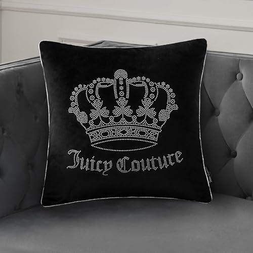 "Juicy Couture Square 1-Piece Living Room and Bedroom D??cor, Premium Throw Pillow, 20""x20"", Black Rhinestone Crown"
