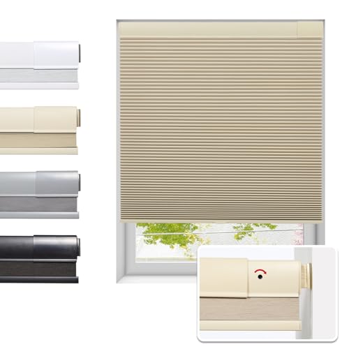 "Tonature No Drill Cellular Shades for Indoor Windows, Thermal Insulating & Noise Reducing Honeycomb Blinds, Free Stop Cordless Blackout Shades, Beige, 29 1/2"" W x 64"" H"