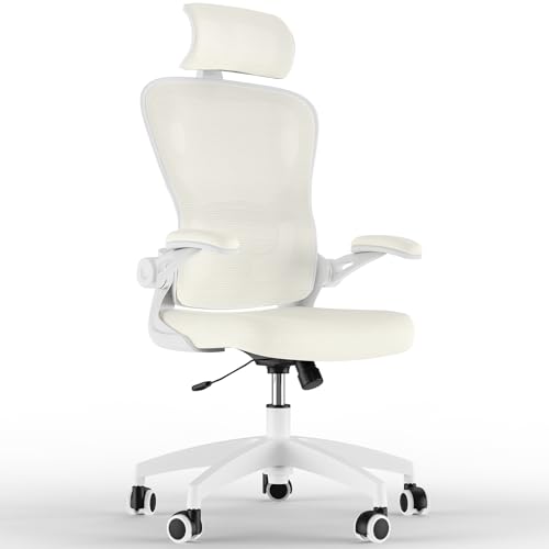 Feonase Ergonomic Office Chair with Adjustable Headrest and Lumbar Support, Mesh Back, Flip-up Armrests and Rocking Function ??? Swivel Desk Chair for Home Office, Study, Gaming,Beige/White