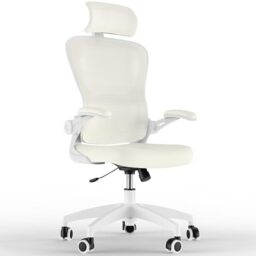 Feonase Ergonomic Office Chair with Adjustable Headrest and Lumbar Support, Mesh Back, Flip-up Armrests and Rocking Function ??? Swivel Desk Chair for Home Office, Study, Gaming,Beige/White