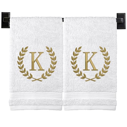 Custom Luxury Towels Monogrammed Hand Towels for Bathroom - Set of 2 - Genuine Turkish Towels - Choose Towel and Thread Color - A - Z - Monogrammed Towels with Embroidered Wheat Laurel Design