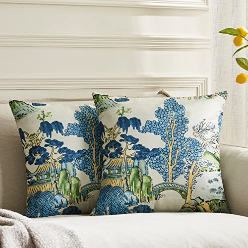 BLESFEST Pack of 2, Chinoiserie Pillow Cover 20 x 20 Inch Thibaut Asian Scenic Blue and Green Throw Pillow Covers Linen Farmhouse Tree Leaves Pillow Case Cushion Covers for Sofa Couch Living Room