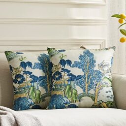 BLESFEST Pack of 2, Chinoiserie Pillow Cover 20 x 20 Inch Thibaut Asian Scenic Blue and Green Throw Pillow Covers Linen Farmhouse Tree Leaves Pillow Case Cushion Covers for Sofa Couch Living Room