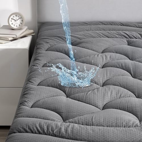 Sleep Zone Grey Waterproof Mattress Topper, Premium Soft Embossed Mattress Topper, Quilted Mattress Protector Cover with Elastic Deep Pocket (Grey, Twin)